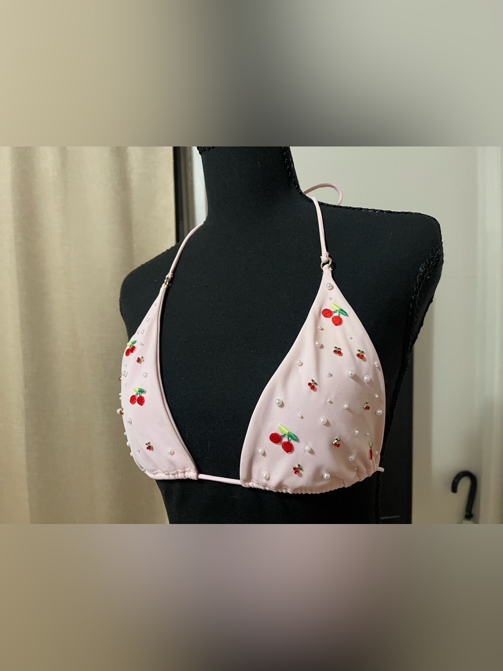 Pink Cherry Embellished Triangle Bikini Top